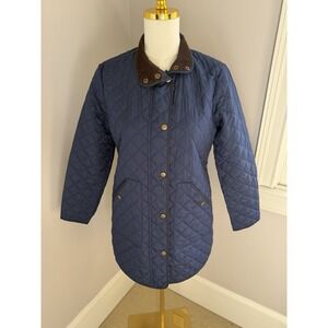 Lands End Quilted Barn Jacket Blue Corduroy Collar Full Zip Pockets Women's XS